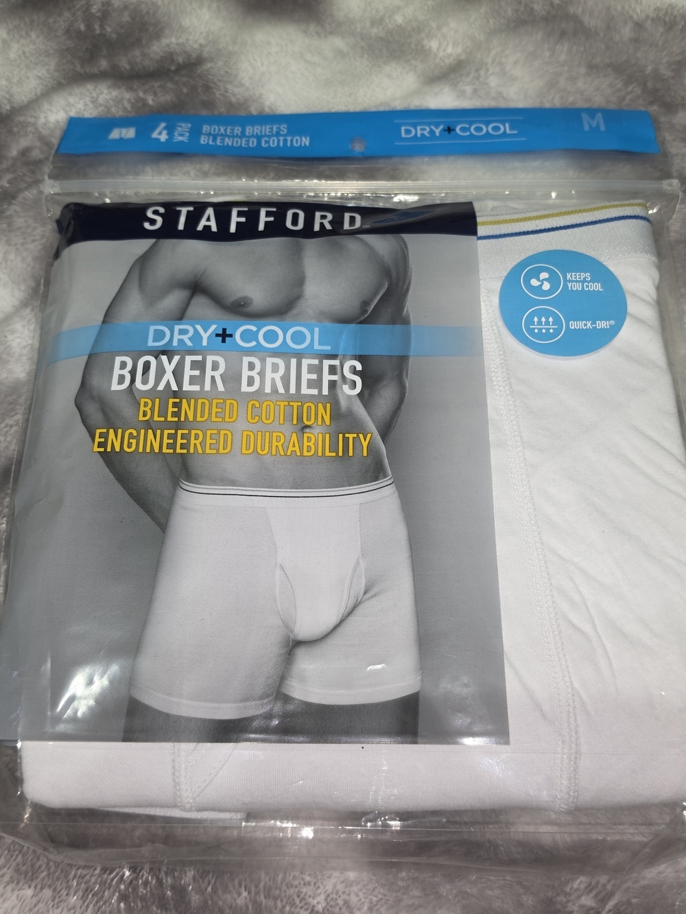 4 Pairs Stafford White Boxer Briefs with Blue Waistband Trim